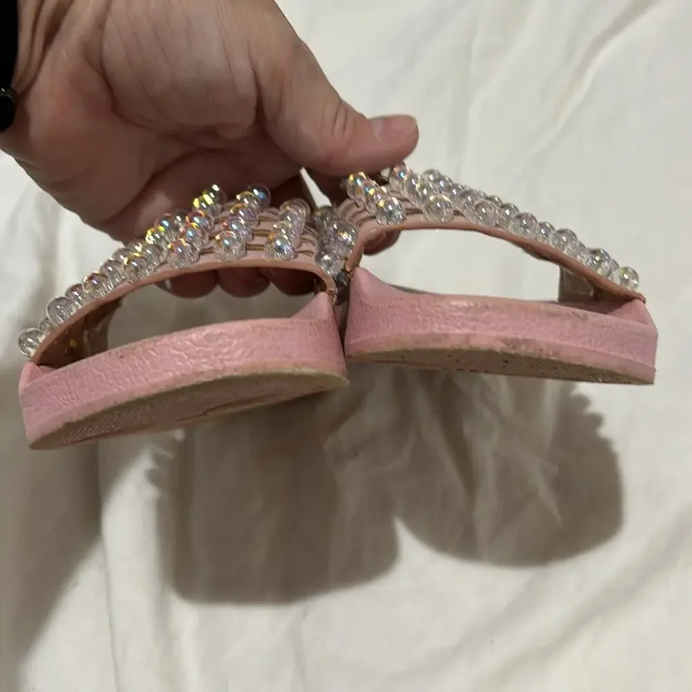 Lelli Kelly Pale pink slides bling bejeweled woven tops molded footbed euc